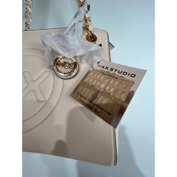 NWT Max Studio Pebble Grain Double Handle Tote Bag Chain Straps Ivory Color - Picture 2 of 12